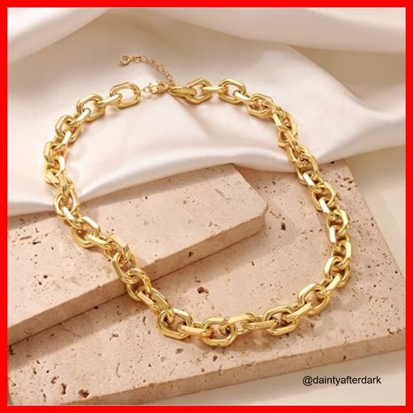 14K Gold Plated Chunky Paperclip Chain Necklace Waterproof Statement Choker - Picture 7 of 7